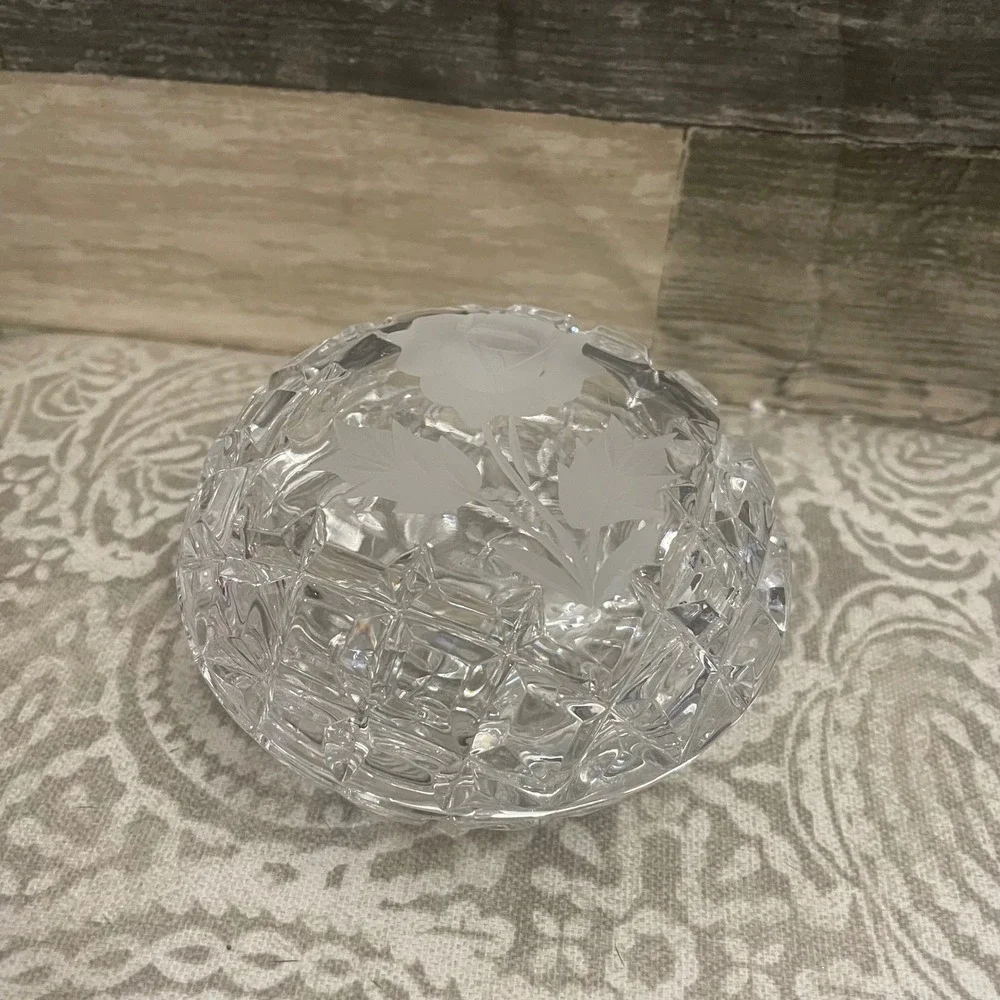 Vintage Frosted Rose Etched Crystal Trinket Box Round Cut Glass Jewelry Dish